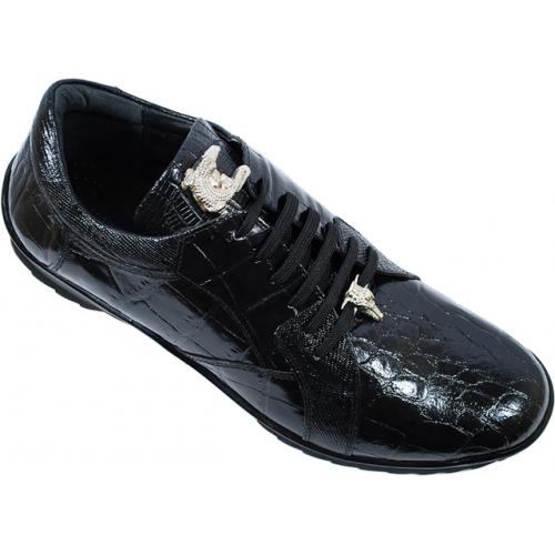 Giorgio Brutini Black Alligator Print Sneakers With Silver Alligator Ornaments On Tongue And Lace 200021